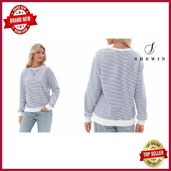 Women's Striped Crewneck Sweatshirt Long Sleeve Pullover Cotton Blend Loose Fit - Picture 6 of 8